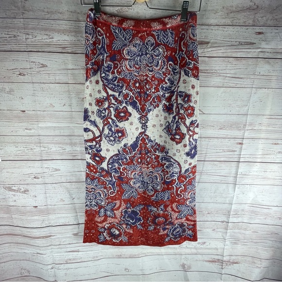 Peruvian Connection Dresses & Skirts - PERUVIAN CONNECTION Red, Blue & Ivory  Knit Pima Cotton Skirt Paisley Sz S Boho